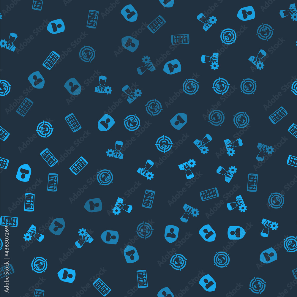 Poster set user protection, profile settings, head hunting and smartphone with contacts on seamless pattern