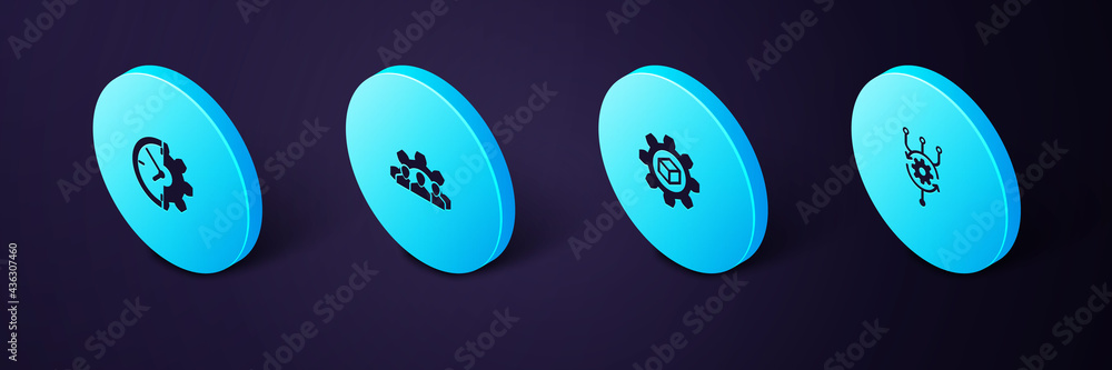 Poster set isometric algorithm, product development, project team base and clock and gear icon. vector