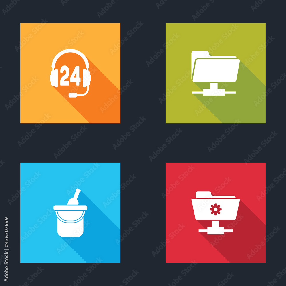 Poster set headphone for support, ftp folder, bottle of wine in bucket and settings icon. vector
