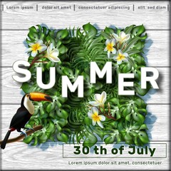 Vector summer sale banner template with tropical leaves and tukan bird. © Real Vector