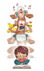 Illustration child reading surrounded by technology and social networks