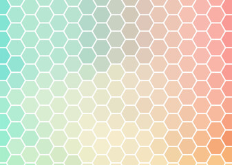 Hexagon mosaic background, abstract orange green honeycomb icy vector design.