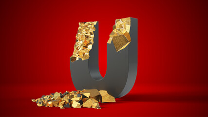 damaged black letter U reveals gold inside. 3d illustration, suitable for typewriting, letter, and alphabet themes. © kmls