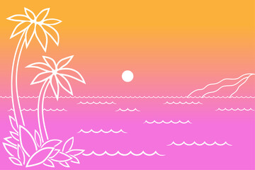 Fototapeta na wymiar Tropical sunset with sea, palms and mountain. Lanscape in minimalistic style.