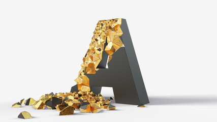 damaged black letter A reveals gold inside. 3d illustration, suitable for typewriting, letter, and alphabet themes.