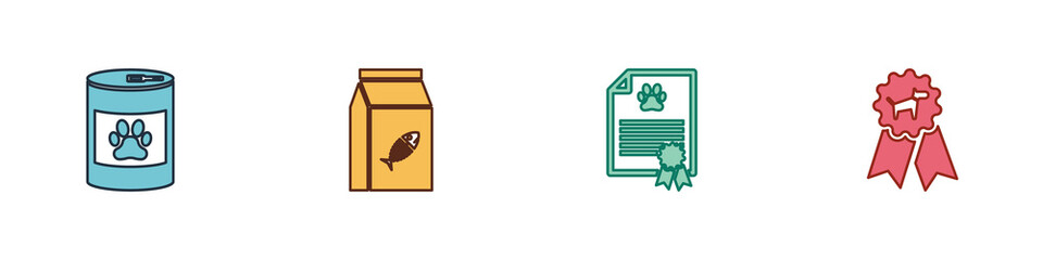Set Canned food, Bag of for cat, Certificate dog and Dog award symbol icon. Vector