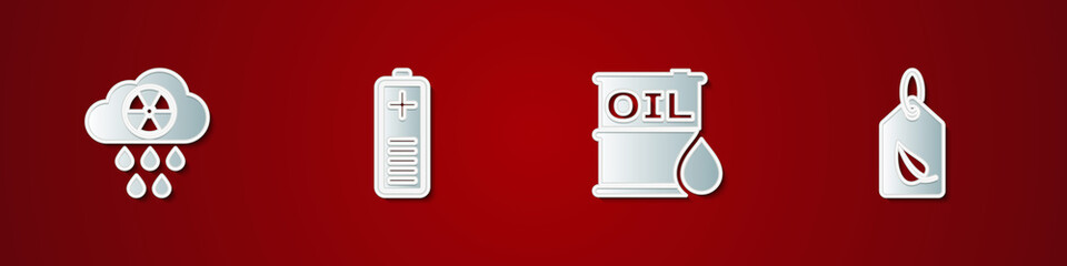 Set Acid rain and radioactive cloud, Battery charge level indicator, Oil barrel and Tag with leaf icon. Vector