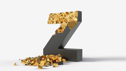 damaged black letter Z reveals gold inside. 3d illustration, suitable for typewriting, letter, and alphabet themes.