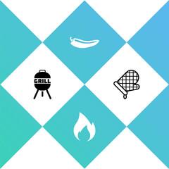 Set Barbecue grill, Fire flame, Hot chili pepper pod and Oven glove icon. Vector