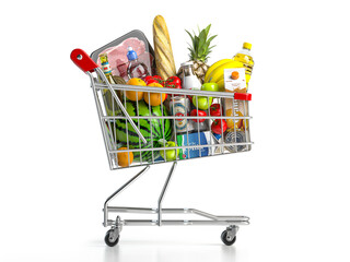 Shopping cart full of food isolated on white. Grocery and food store concept. - 436309407