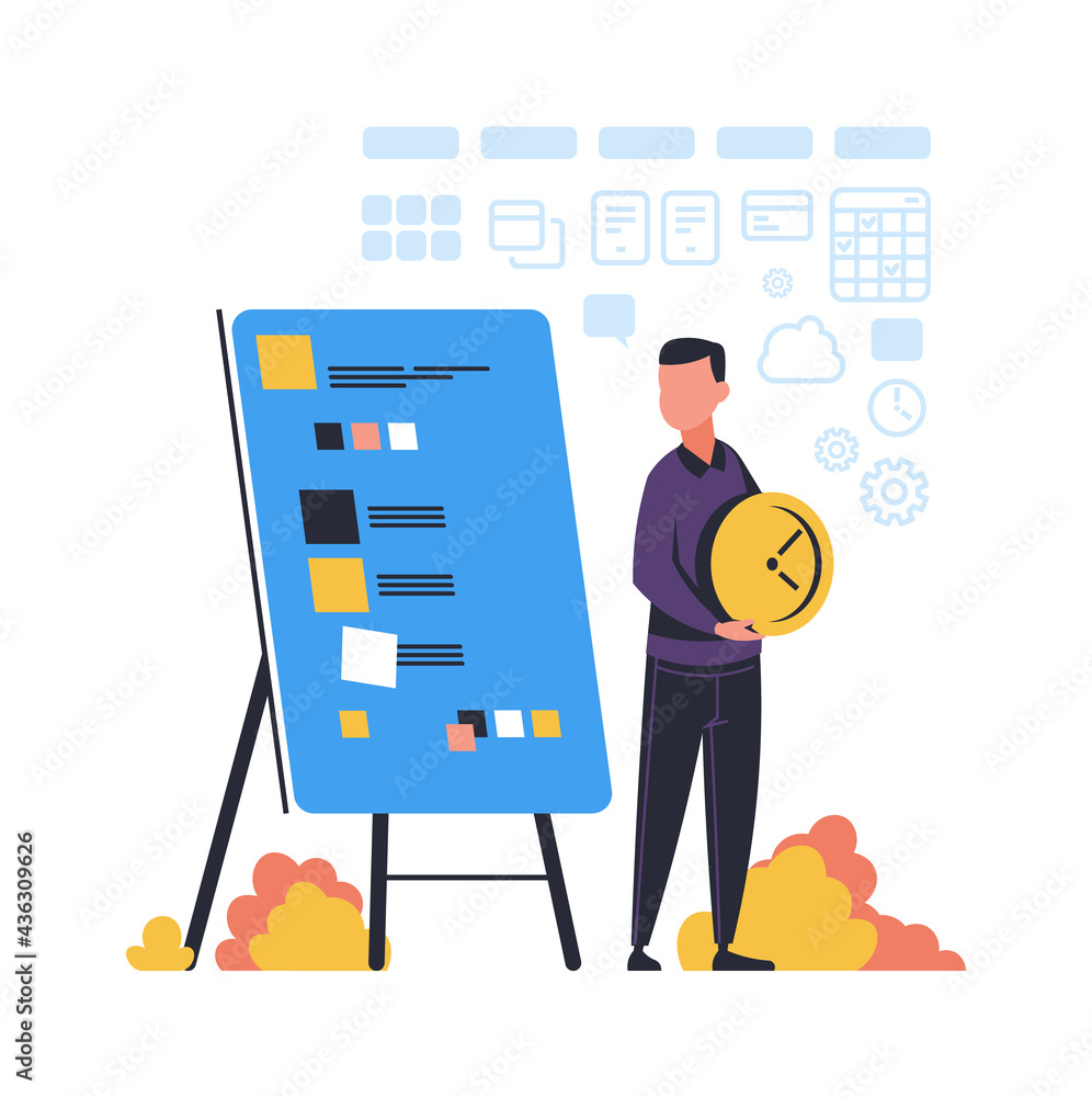 Poster time management. cartoon man effective organizes workflow. timetable planning. worker schedules appo