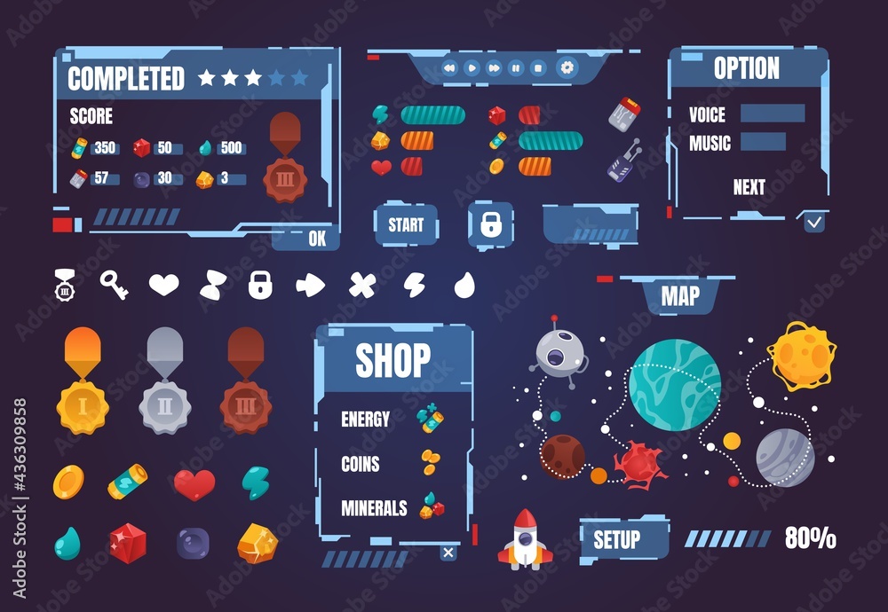 Aufkleber Game UI kit. Cartoon interface menu elements. Buttons and progress bars set. Award medals. Space arcade indicators. Map with planets and rocket way. Vector isolated GUI symbols set