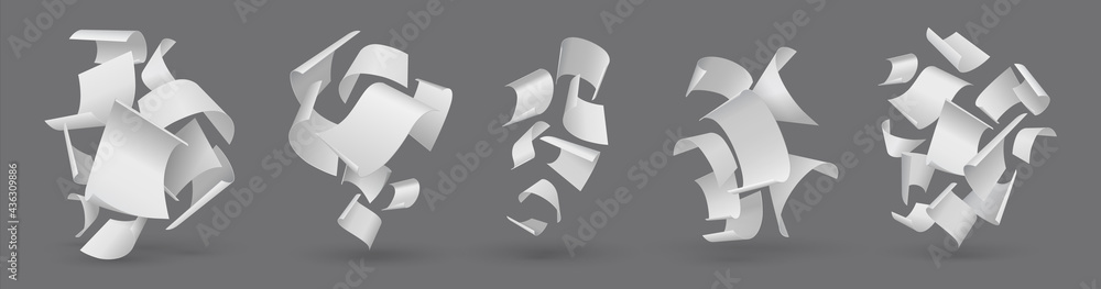 Poster Falling paper. Realistic flying pages. Blown away 3D white sheets. Clear paperwork letters. Group of isolated curved empty documents set. Vector loose soar of notes with curled edges