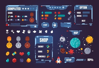 Game UI kit. Cartoon interface menu elements. Buttons and progress bars set. Award medals. Space arcade indicators. Map with planets and rocket way. Vector isolated GUI symbols set