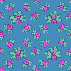 Burgundy and pink flowers on a blue background. Botanical colorful bouquet. Design seamless pattern. For wallpapers, backgrounds, textiles and postcards.