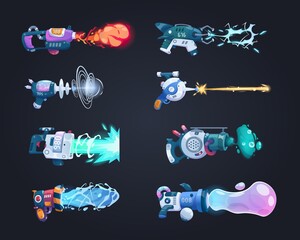 Futuristic guns. Cartoon game weapon shoots laser beam or plasma. Isolated blaster attack with flame stream or lightning bolts. Space combat weaponry set. Vector fictional handguns - obrazy, fototapety, plakaty