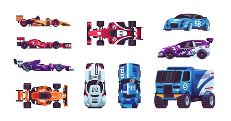 Race cars. Cartoon automobiles. Racing trucks and bolides. High-speed transport. Top and side views of driving vehicles set. Formula one championship. Auto toys. Vector rally elements