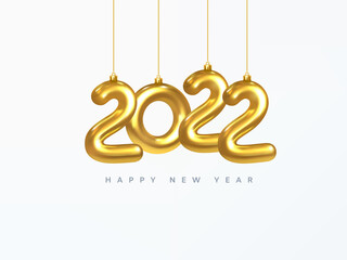 2022 New Year card. Design of Christmas decorations hanging on a gold chain gold number 2022