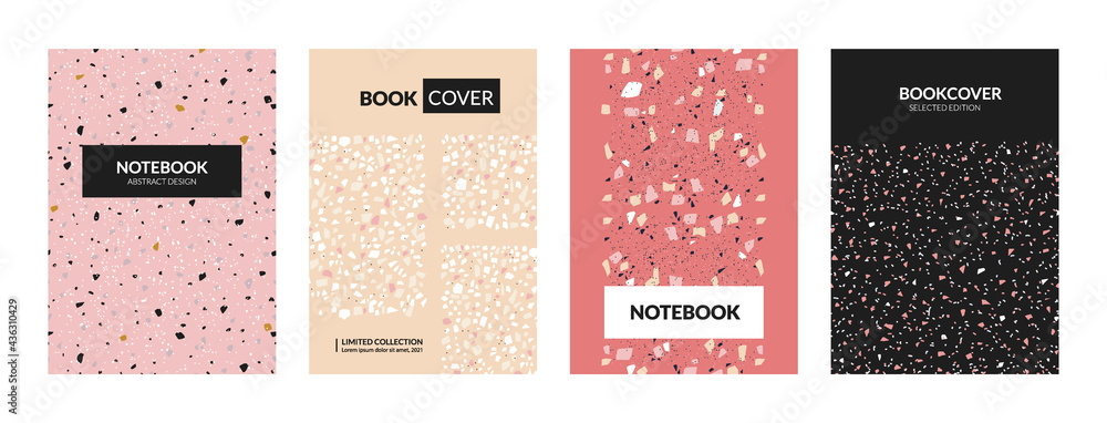 Poster terrazzo book cover. abstract italian concrete textures for notebooks. marble stone mockup with chao