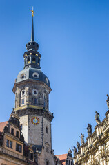 Fototapeta na wymiar Historic Hausmannsturm tower at the castle square in Dresden, Germany
