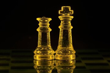 Piony szachowe szklane podświetlone na żółto na czrnym tle - obrazy, fototapety, plakaty