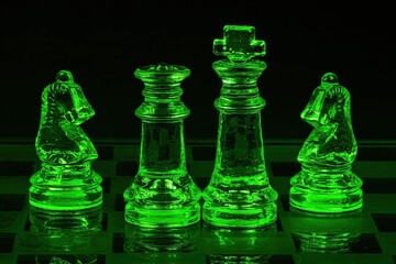 Piony szachowe szklane podświetlone na kolor zielony na czarnym tle - obrazy, fototapety, plakaty