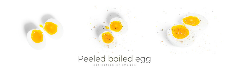 Peeled boiled egg halves isolated on a white background. Egg half.