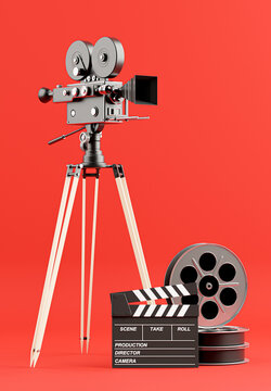 3d render of retro movie camera with reel film,clapper board