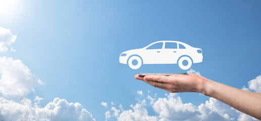 Digital composite of Man holding car icon.Car automobile insurance and car services concept....