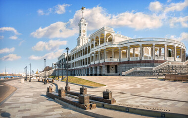 The building of the new River Station and the model of the lock on the embankment of the Moskva River in Moscow. Caption: Gateway to Tushino