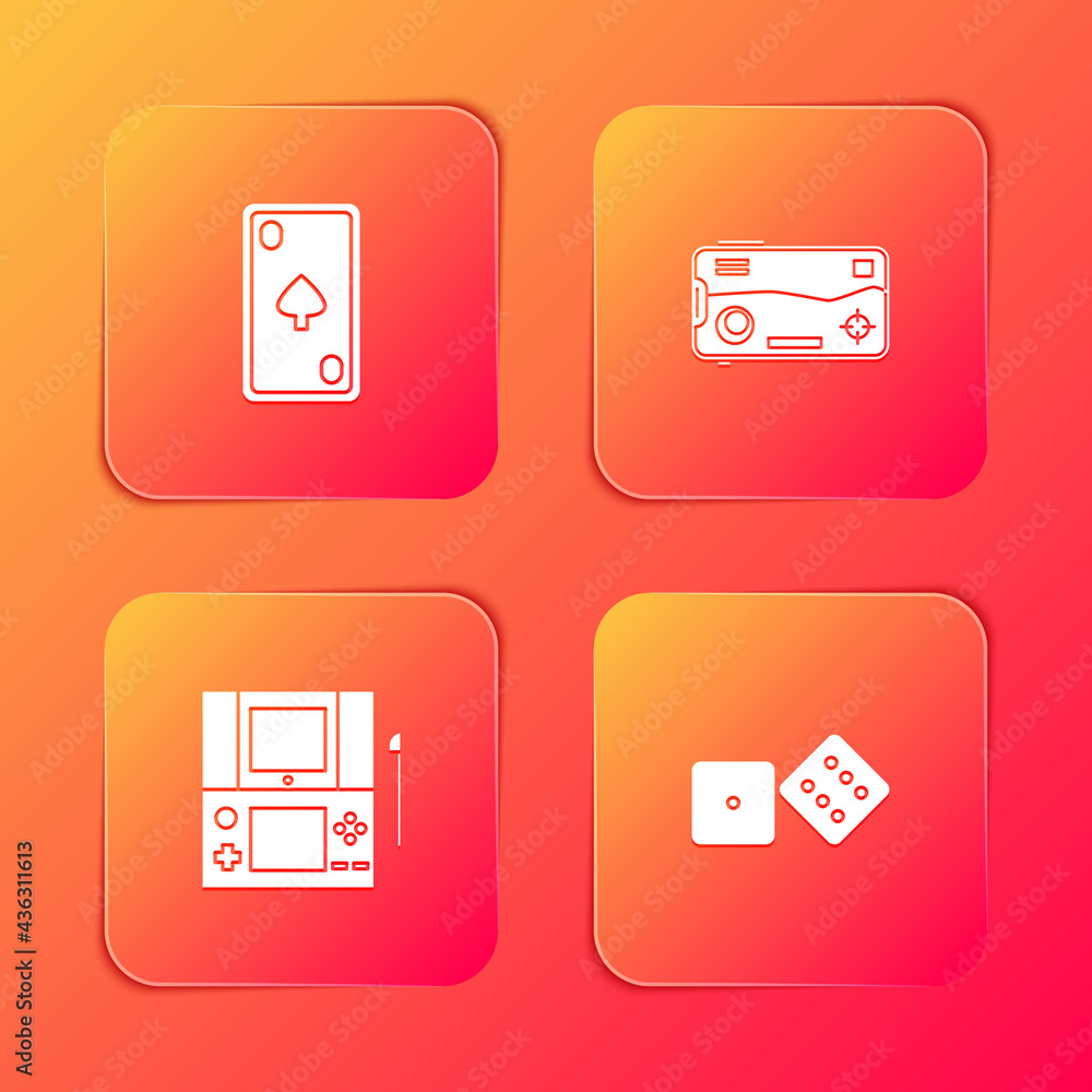 Poster set playing card with diamonds, mobile and playing game, portable video console and game dice icon. 