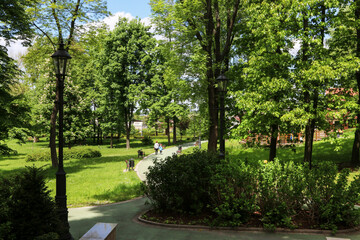Fototapeta premium WIELICZKA, POLAND - MAY 26, 2021: Beautiful city park in Wieliczka