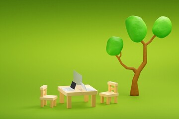 green chair and treework at garden with laptop and partition shield for social distancing, 3d illustration.