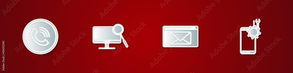 Poster set phone call, computer monitor diagnostics, mail and e-mail and mobile service icon. vector