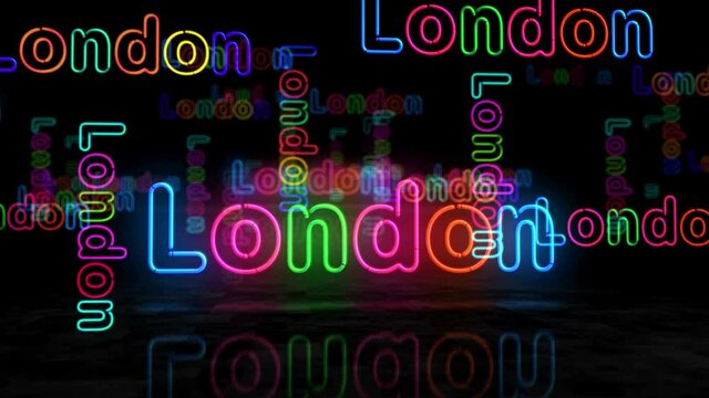 London symbol neon glowing symbol. Light color bulbs with city club sign. Abstract concept 3d animation.