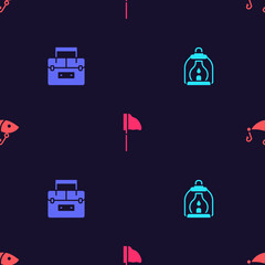 Set Camping lantern, Case container for wobbler, Fishing net with fish and lure on seamless pattern. Vector