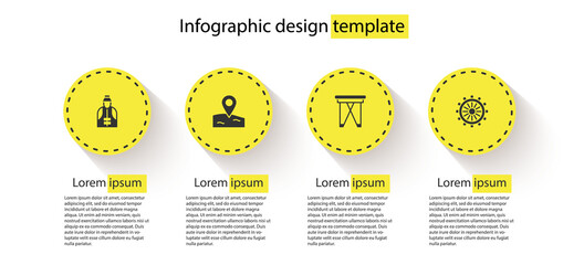 Set Fisherman, Location fishing, Folding chair and Ship steering wheel. Business infographic template. Vector