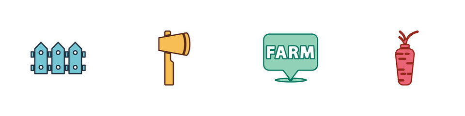 Set Garden fence wooden, Wooden axe, Location farm and Carrot icon. Vector