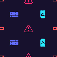 Set Mobile with exclamation mark, Firewall, security wall, Exclamation in triangle and Spam on seamless pattern. Vector
