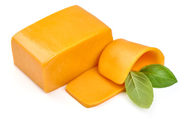 Piece of Cheddar cheese, isolated on white background. High resolution image.