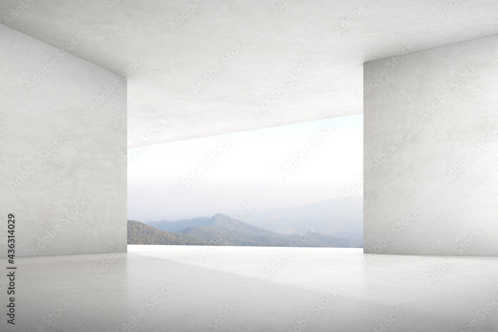 Poster 3d render of empty concrete room with large window on mountain background.