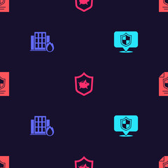 Set Location shield, Fire in burning house, Piggy bank with and Contract on seamless pattern. Vector