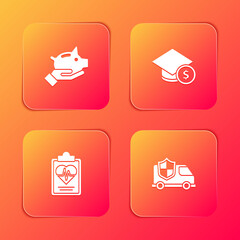 Set Piggy bank, Graduation cap and coin, Health insurance and Car with shield icon. Vector