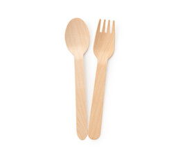 Wood paper spoon with fork on isolated white background 