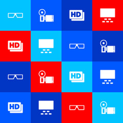 Set 3D cinema glasses, Cinema camera, Hd movie, tape, frame and auditorium with seats icon. Vector
