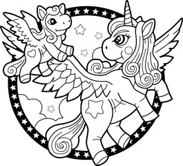 cartoon cute pony unicorn, coloring book, outline illustration