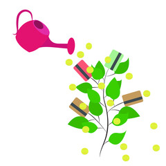 A young tree with credit cards from the watering can generously watered money. Vector Stock Illustration.