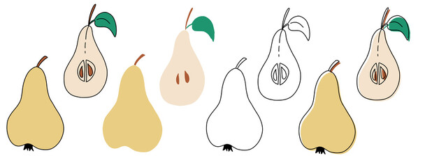 Set of yellow pears in cartoon style, line art, hand drawn. Half and whole pear. Use for postcard, flyer, web, banner, poster, textile print.