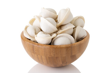 frozen dumplings in wooden bowl isolated on white background