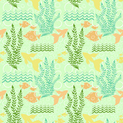 Tropical fishes, seaweed and waves silhouette seamless pattern. Exotic ocean creatures surface pattern design. Marine endless texture. Underwater fauna boundless background. Sea life editable tile.